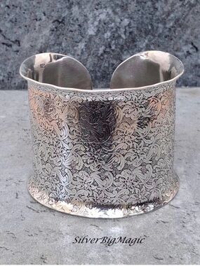 925 Silver Floral Engraved Wide Cuff Bracelet
